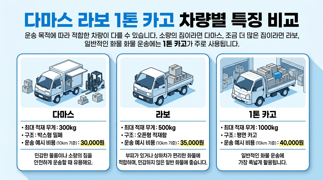 다마스 라보 1톤 카고 차량별 특징 비교