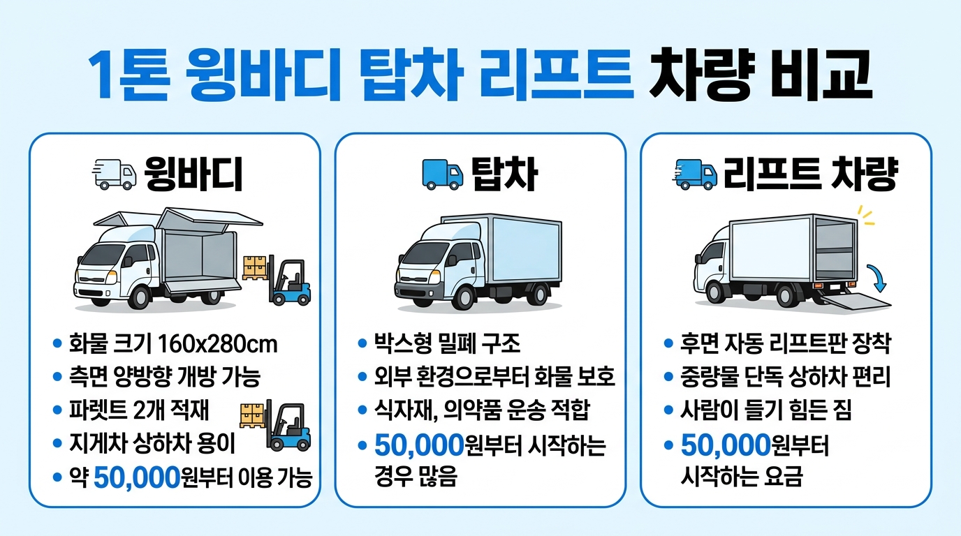 1톤 윙바디 탑차 리프트 차량 비교