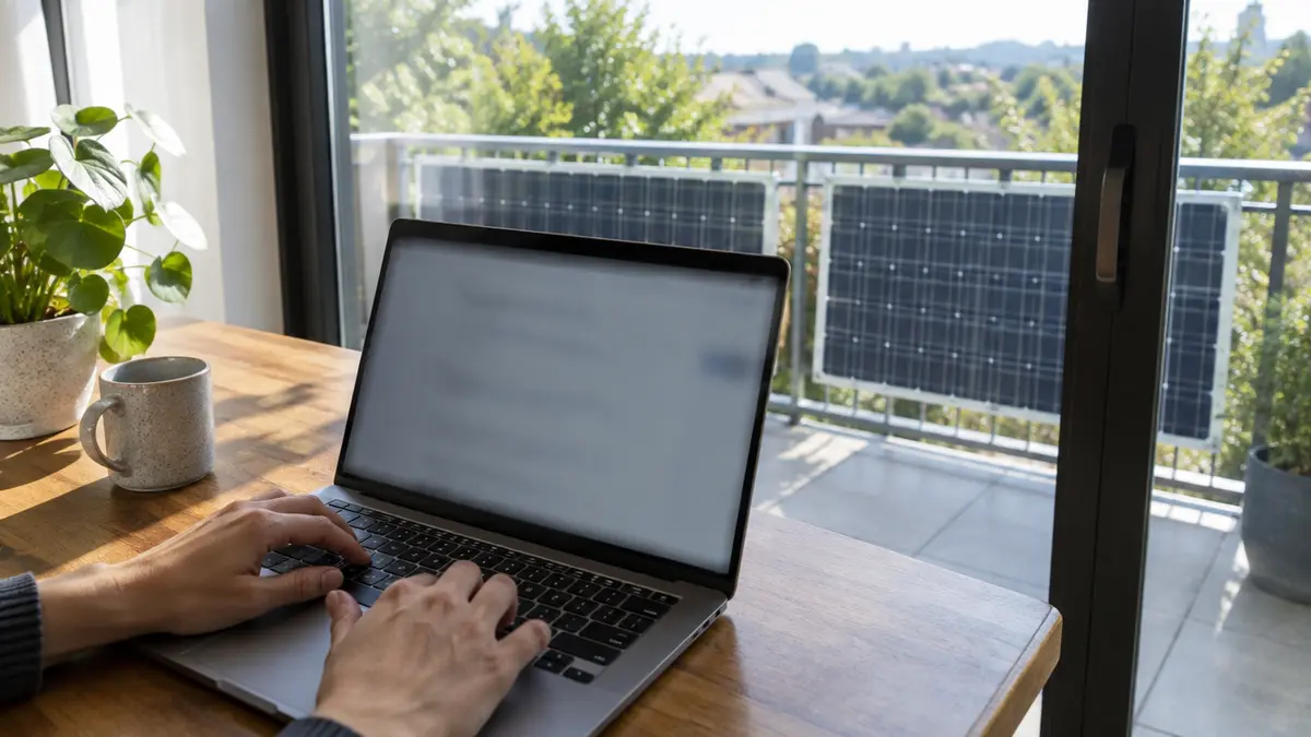 Person registriert am Laptop ein Balkonkraftwerk, im Hintergrund Solarmodule am Balkongeländer