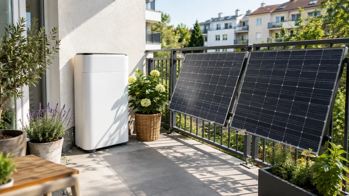 Balkonkraftwerk mit zwei Solarmodulen am Geländer und einem Batteriespeicher auf dem Balkon