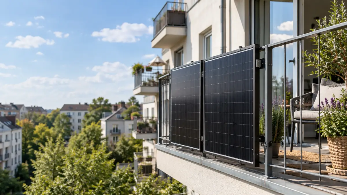 Zwei Solarmodule eines Balkonkraftwerks senkrecht am Balkongeländer eines Mehrfamilienhauses