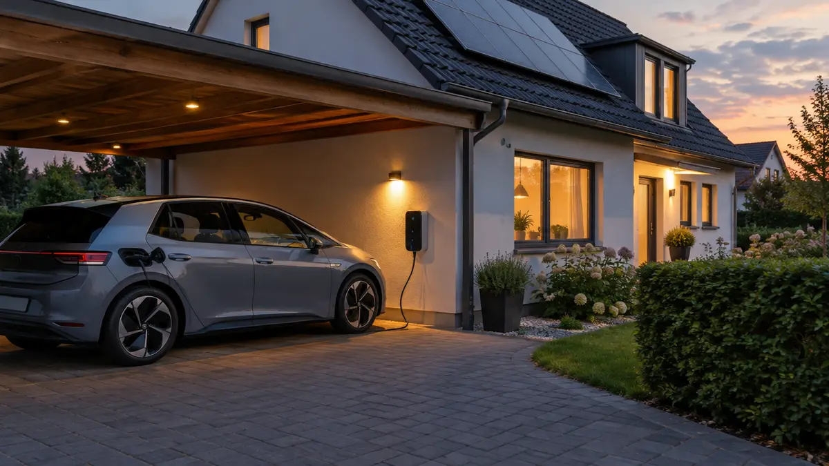 Elektroauto im Carport eines Einfamilienhauses in der Abenddämmerung, per Ladekabel mit einer Wallbox an der Hauswand verbunden, Solarmodule auf dem Dach