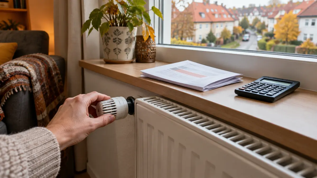 Hand dreht am Thermostatventil eines Heizkörpers unter dem Fenster, daneben liegen eine Heizkostenabrechnung und ein Taschenrechner auf der Fensterbank