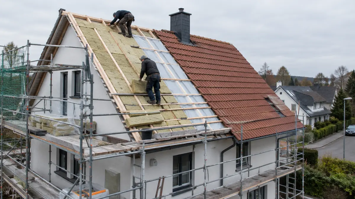 Dachsanierung an einem Einfamilienhaus mit Gerüst: Handwerker verlegen Mineralwolle zwischen den Sparren, eine Dachhälfte ist bereits mit neuen roten Ziegeln eingedeckt