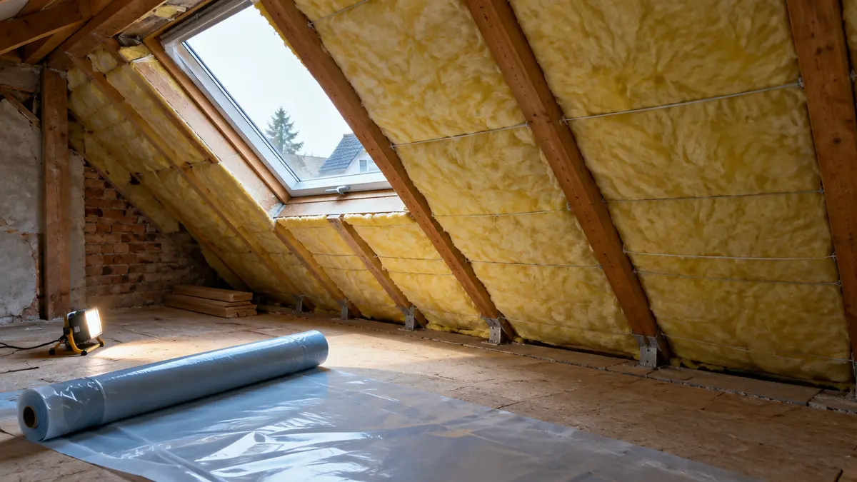 Dachboden mit Mineralwolle-Dämmung zwischen den Holzsparren während der Sanierung