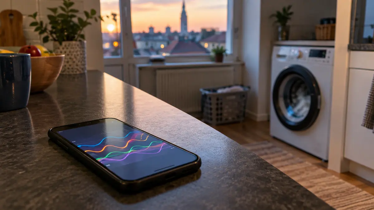 Smartphone mit Preisverlauf-Diagramm auf der Küchentheke, im Hintergrund eine Waschmaschine