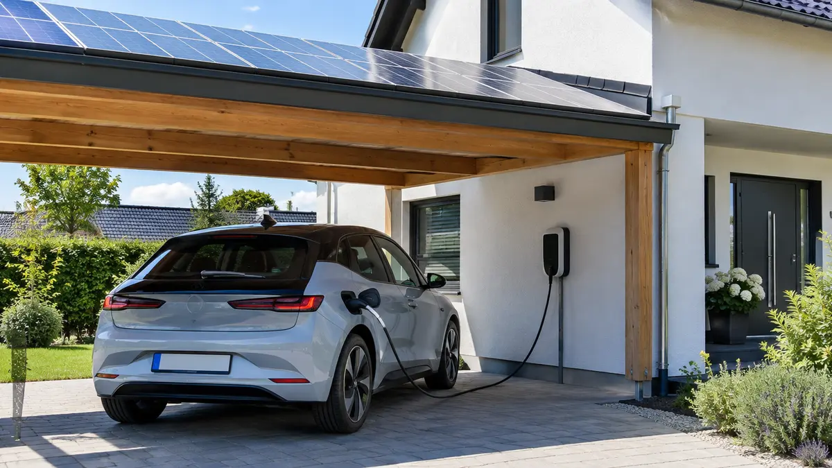 Elektroauto lädt an einer Wallbox unter einem Carport mit Solarmodulen an einem sonnigen Tag