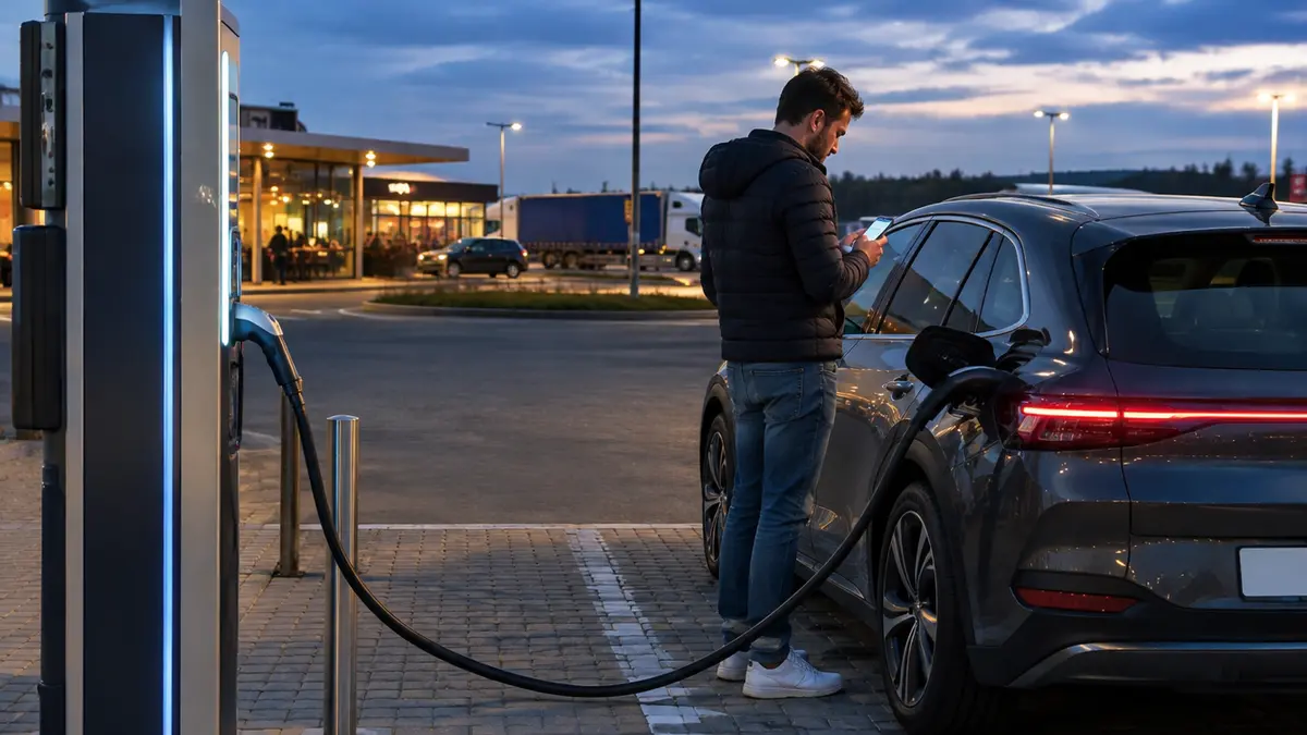 Elektroauto an einer Schnellladesäule an einer Autobahnraststätte am Abend