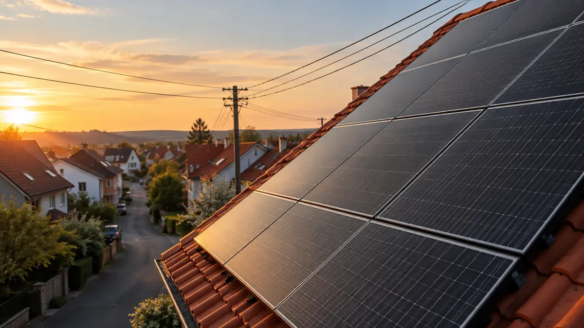 Solarmodule auf einem Ziegeldach im Abendlicht mit Stromleitungen im Hintergrund
