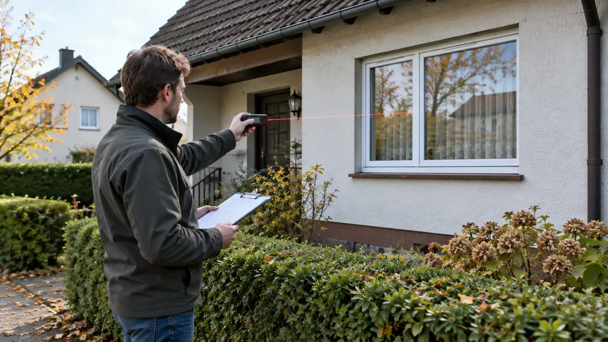 Energieberater misst mit einem Laser-Entfernungsmesser das Fenster eines älteren Einfamilienhauses und hält ein Klemmbrett