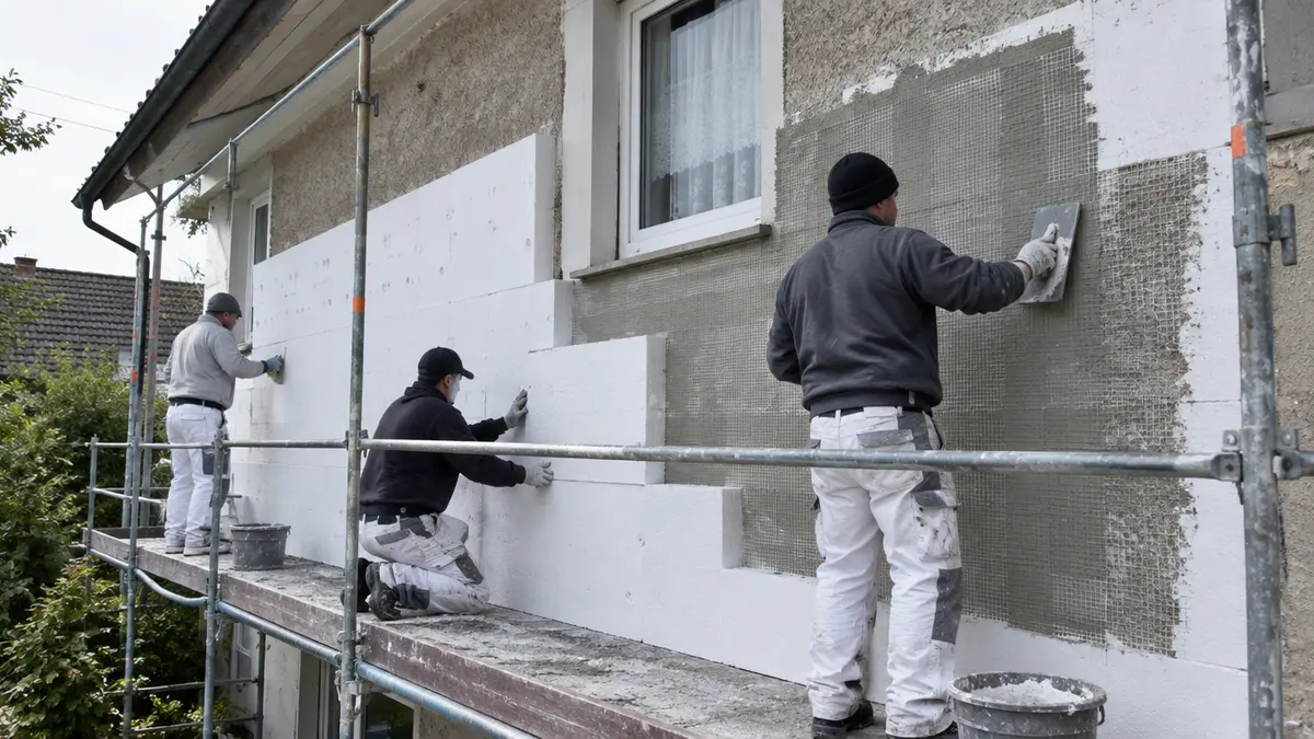 Handwerker bringen ein Wärmedämmverbundsystem mit Armierungsputz an der Fassade eines Hauses an