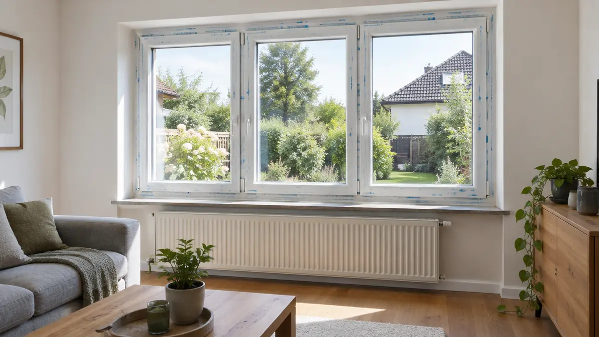 Neues weißes Fenster mit Dreifachverglasung in einem hellen Wohnzimmer
