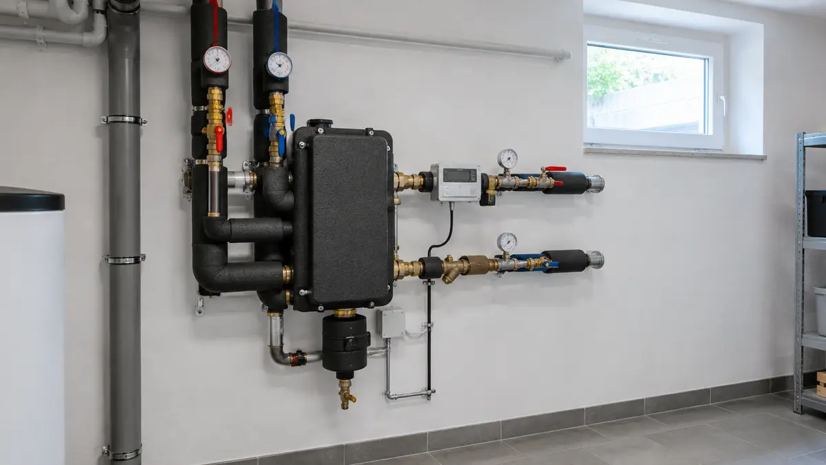 Fernwärme-Hausübergabestation mit gedämmten Rohrleitungen, Manometern und Wärmemengenzähler an der Wand eines hellen Kellerraums