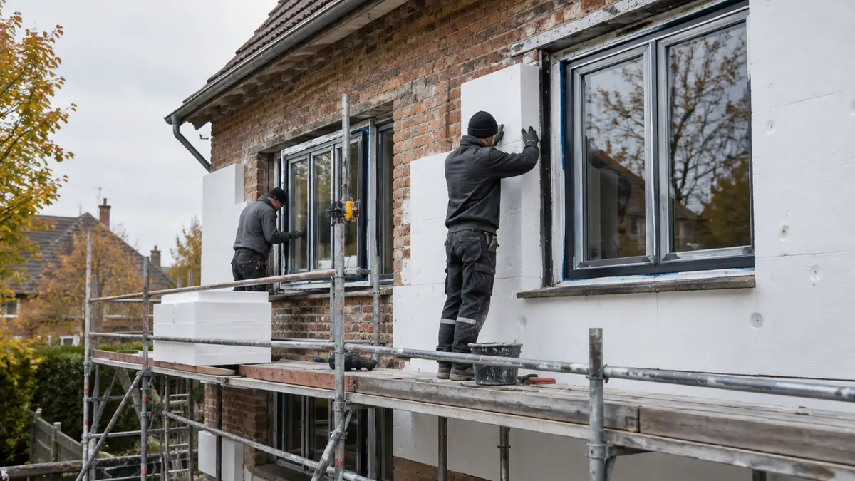 Handwerker montieren Dämmplatten und neue Fenster an der Fassade eines älteren Backsteinhauses