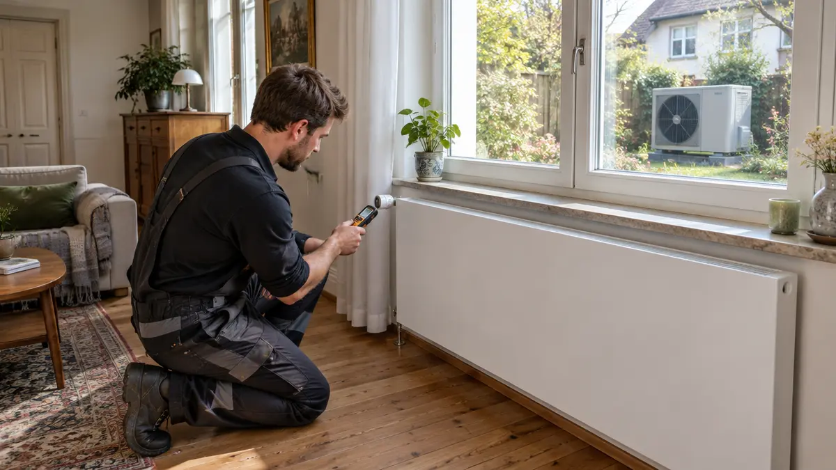 Heizungsinstallateur prüft mit einem Messgerät das Ventil eines großen weißen Flachheizkörpers unter dem Fenster, draußen im Garten steht die Außeneinheit einer Wärmepumpe