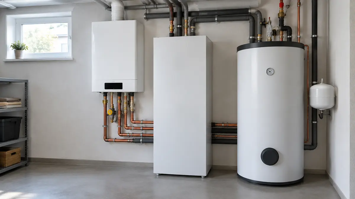 Heizungsraum im Keller eines Einfamilienhauses mit Gas-Brennwertkessel, Wärmepumpen-Inneneinheit und Warmwasserspeicher