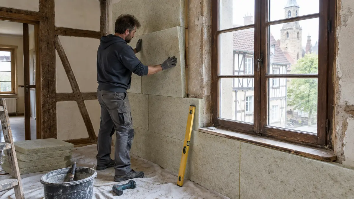 Handwerker befestigt helle Dämmplatten an der Innenseite einer Außenwand in einem Fachwerkhaus neben einem Holzsprossenfenster