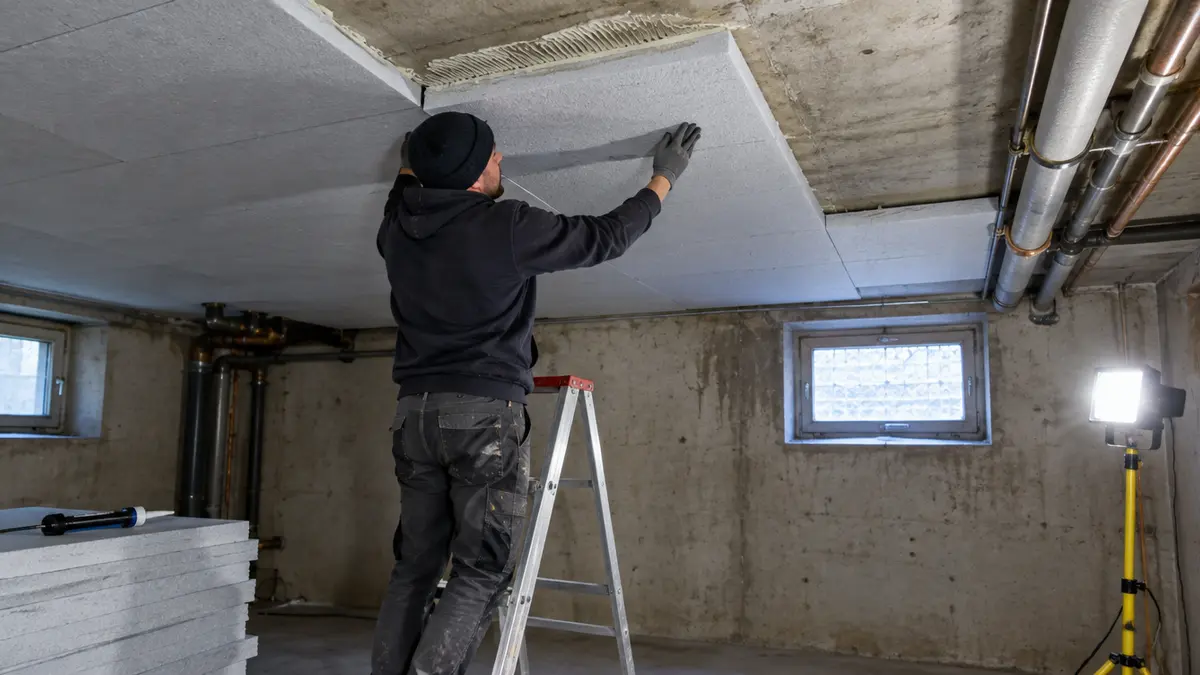 Person auf einer Leiter klebt Dämmplatten an die Decke eines unbeheizten Kellers