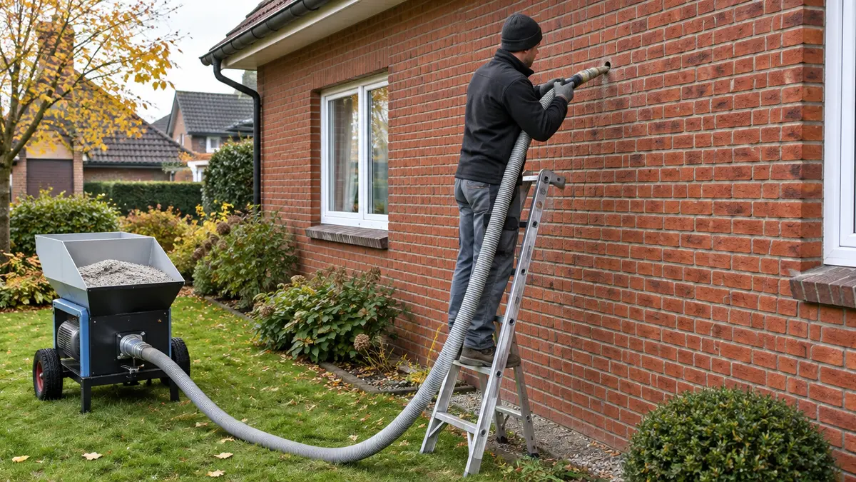 Handwerker auf einer Leiter bläst über einen Schlauch Dämmgranulat in die Klinkerfassade eines Einfamilienhauses, im Garten steht die Einblasmaschine