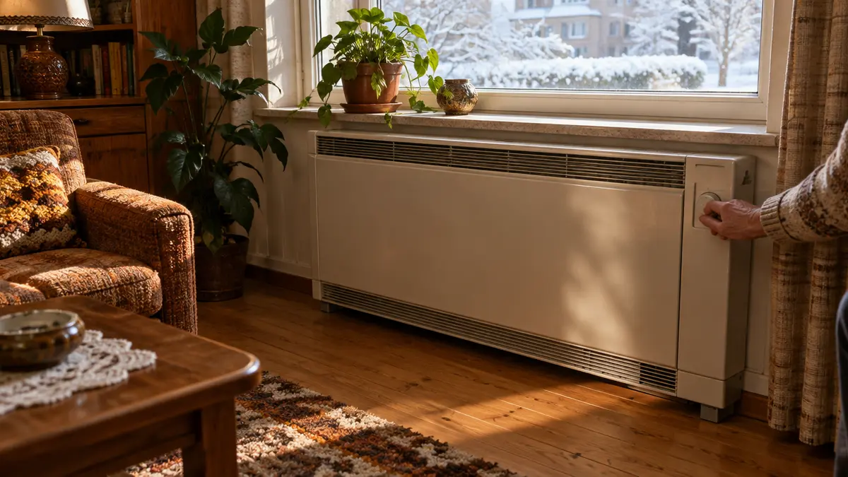 Ältere Person stellt den Drehregler einer hellen Nachtspeicherheizung unter dem Wohnzimmerfenster ein, draußen liegt Schnee