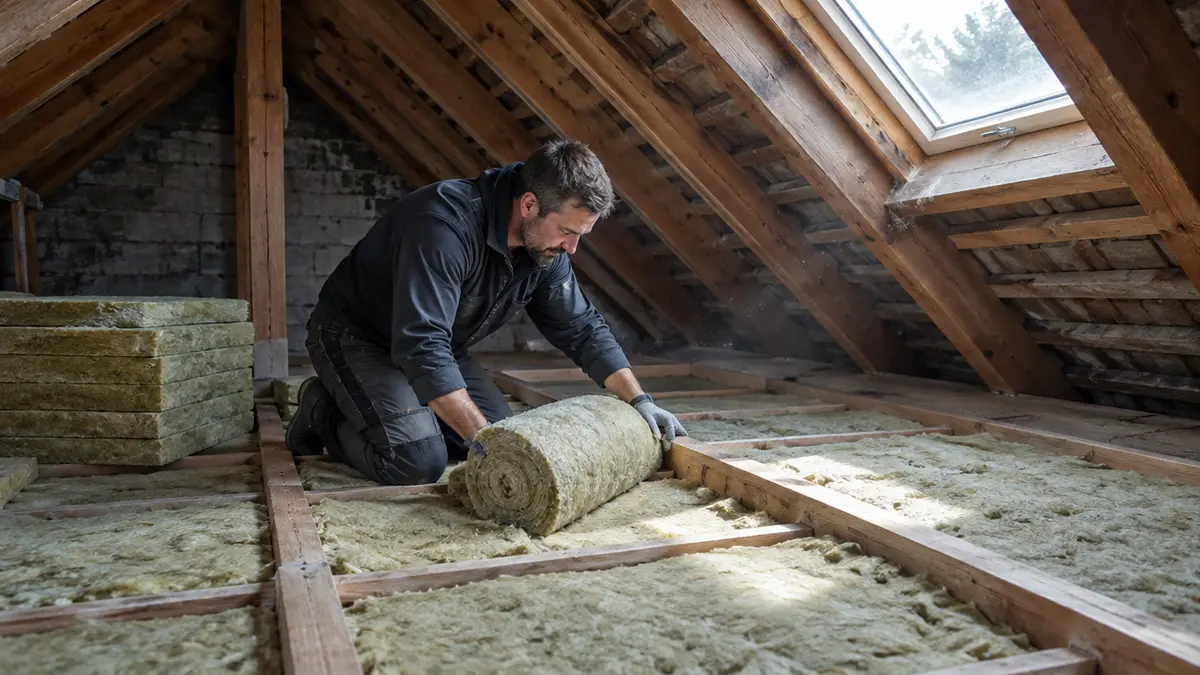 Handwerker verlegt Mineralwolle zwischen den Balken auf dem Boden eines unbeheizten Dachbodens