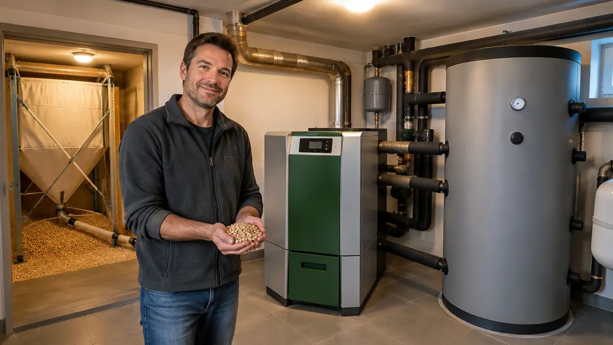Heizungskeller eines Einfamilienhauses mit Pelletkessel, Pufferspeicher und Pelletlager, ein Mann hält Holzpellets in der Hand