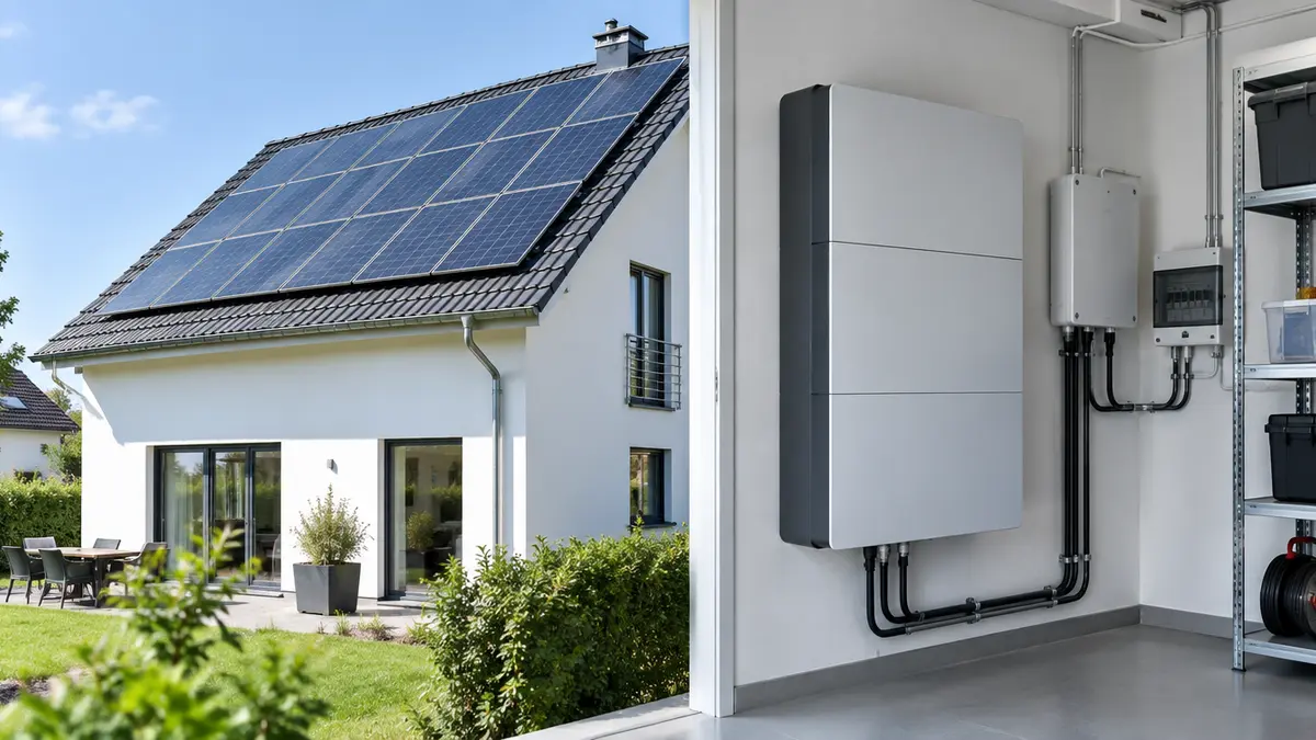 Einfamilienhaus mit Photovoltaikanlage auf dem Dach und Batteriespeicher im Technikraum