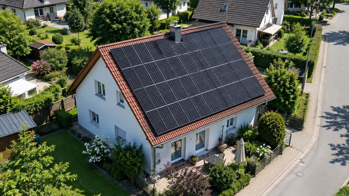 Einfamilienhaus mit Photovoltaikanlage auf dem Ziegeldach aus der Vogelperspektive