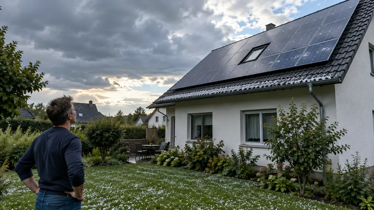 Einfamilienhaus mit Photovoltaikanlage auf dem Ziegeldach nach einem Hagelschauer, Hagelkörner auf Rasen und Dachrinne, ein Mann im Garten schaut zum Dach