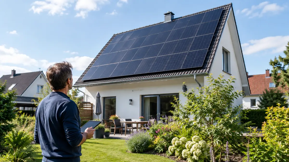 Einfamilienhaus mit Photovoltaikanlage auf dem Süddach, davor ein Mann mit Tablet im Garten