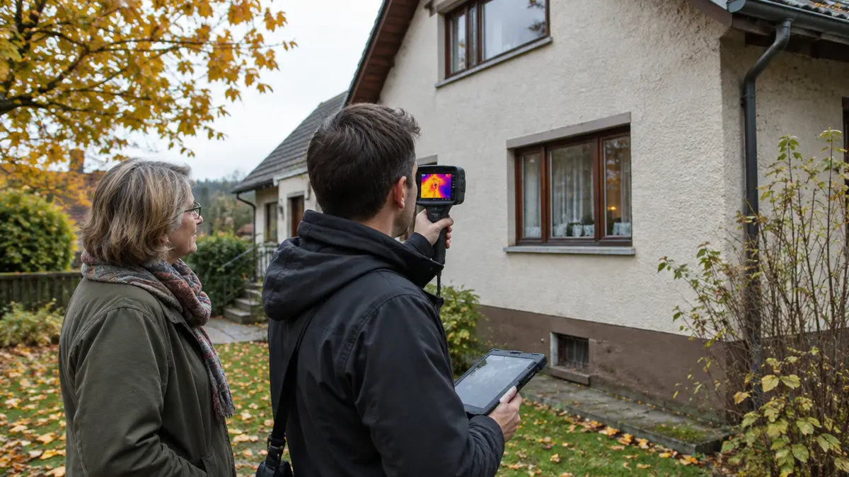 Energieberater mit Wärmebildkamera und Tablet begutachtet mit der Eigentümerin ein älteres Einfamilienhaus