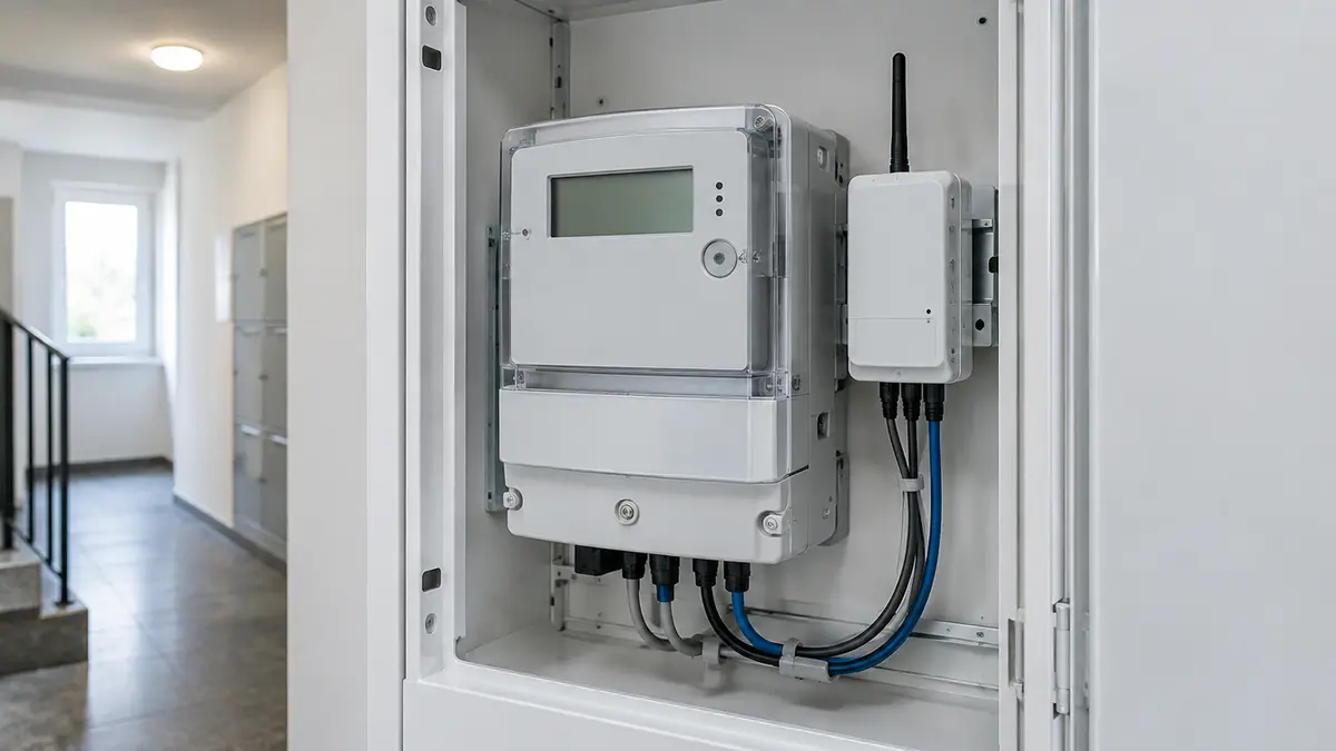 Digitaler Stromzähler mit Smart-Meter-Gateway im Zählerschrank eines Mehrfamilienhauses