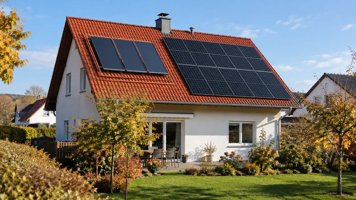 Einfamilienhaus mit rotem Ziegeldach, auf dem links einige Solarthermie-Kollektoren und rechts eine größere Photovoltaikanlage montiert sind