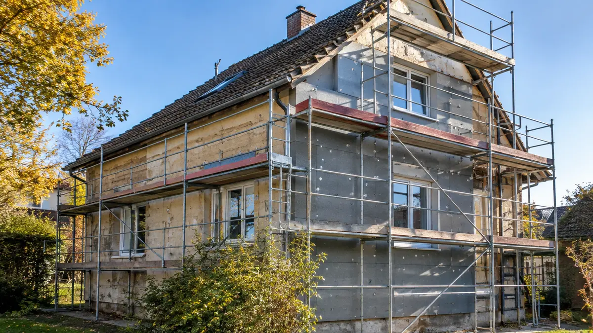 Älteres Einfamilienhaus mit Gerüst während der energetischen Sanierung der Fassade