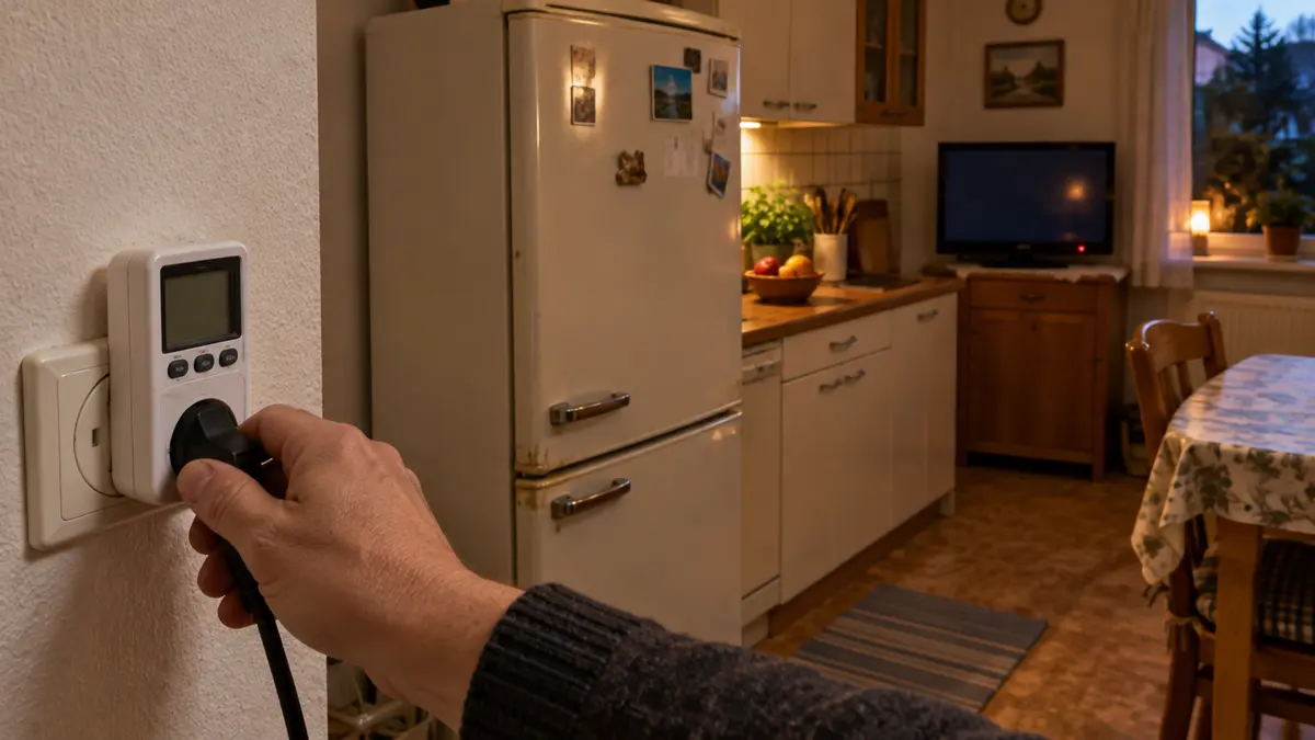 Hand steckt ein Strommessgerät in eine Steckdose in einer Küche mit älterem Kühlschrank