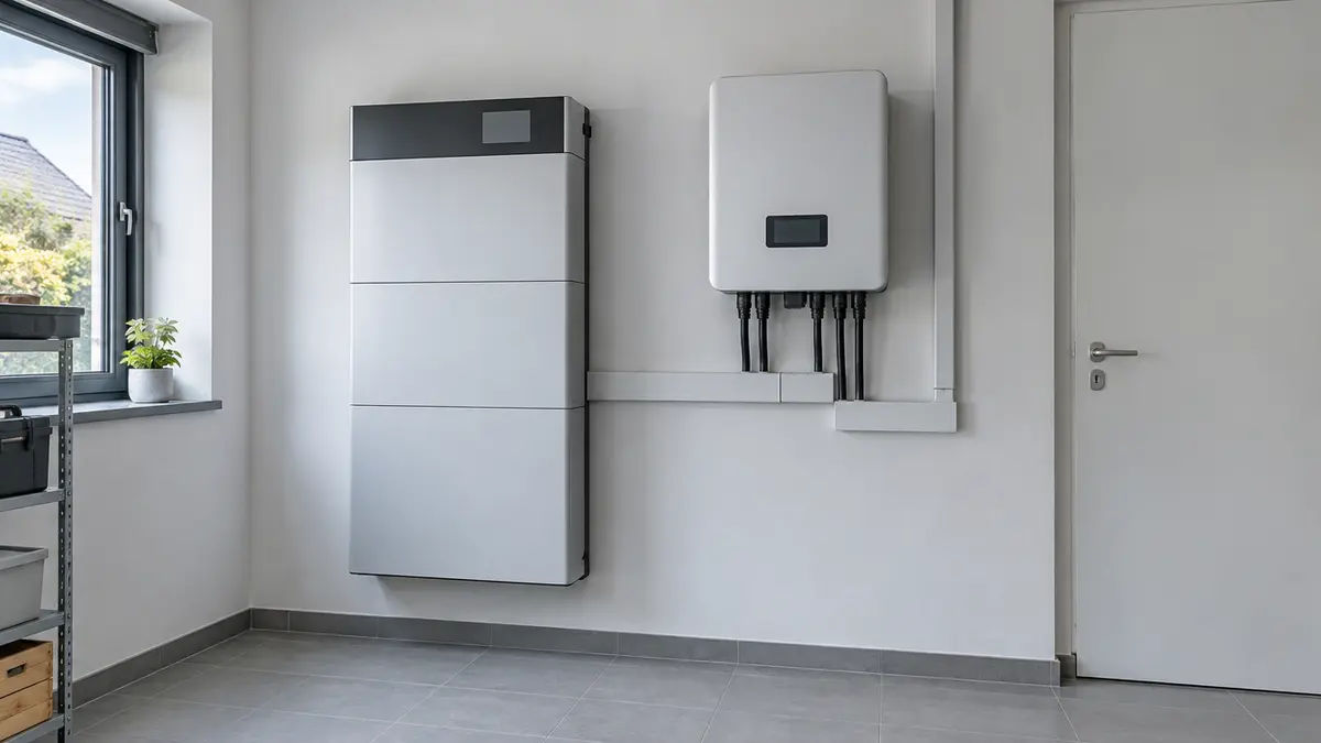 Batteriespeicher und Wechselrichter an der Wand eines Hauswirtschaftsraums