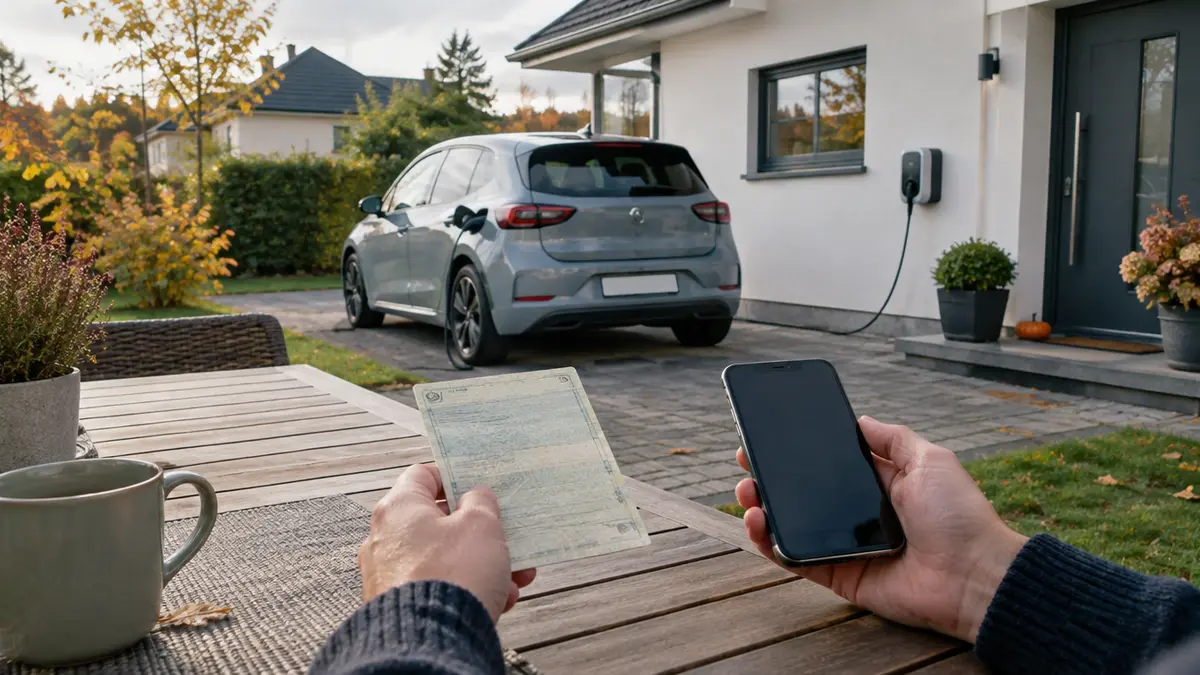 Elektroauto lädt an einer Wallbox vor einem Einfamilienhaus im Herbst, im Vordergrund hält eine Person einen Fahrzeugschein und ein Smartphone