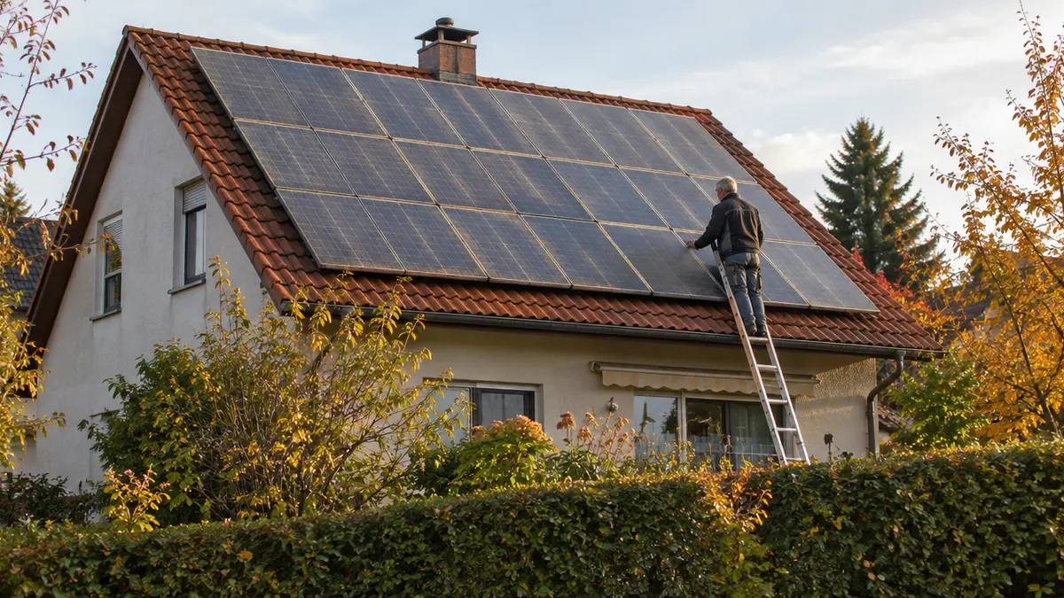 Älteres Einfamilienhaus mit verwitterter Photovoltaikanlage auf dem Ziegeldach, ein Fachmann prüft die Module von einer Leiter aus