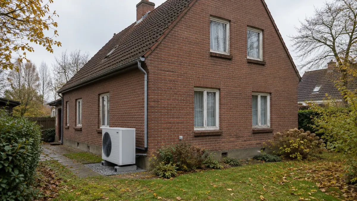 Älteres Backsteinhaus mit neu installierter Wärmepumpe im Garten
