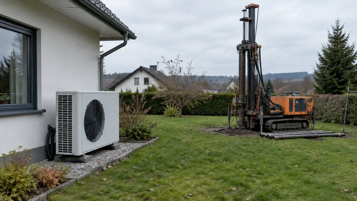 Garten mit Luftwärmepumpe am Haus und Bohrgerät für eine Erdwärmesonde