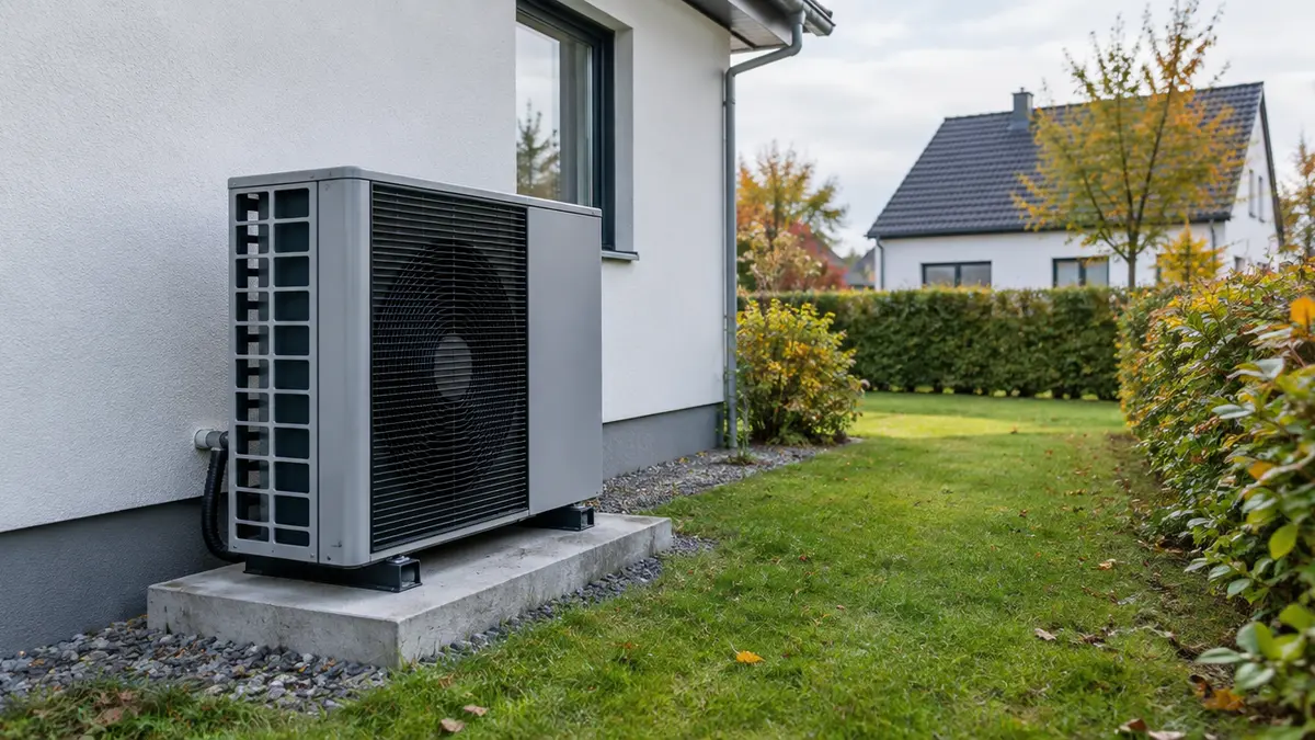 Außengerät einer Luft-Wasser-Wärmepumpe auf Betonsockel neben einem Einfamilienhaus, im Hintergrund Hecke und Nachbarhaus