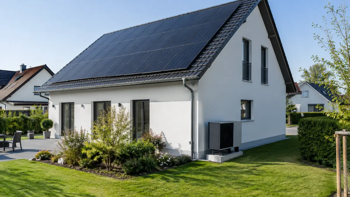 Modernes Einfamilienhaus mit Photovoltaikanlage auf dem ganzen Dach und der Außeneinheit einer Luft-Wasser-Wärmepumpe neben der Hauswand im Garten