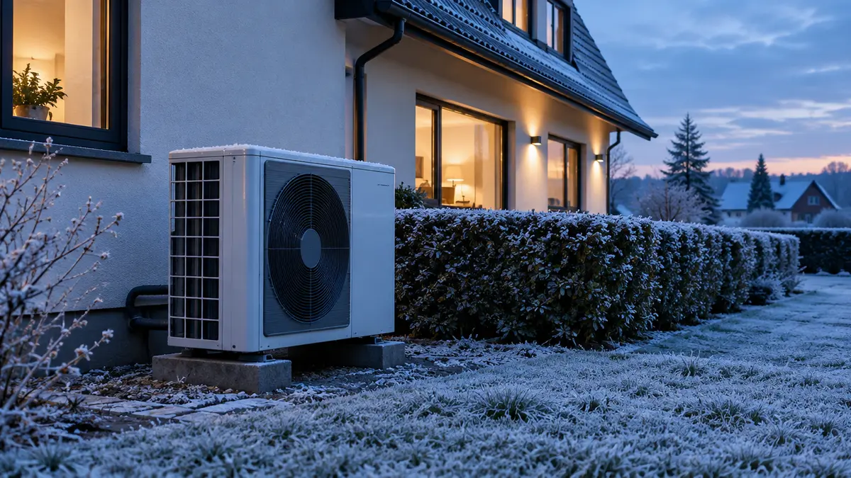 Wärmepumpe vor einem Einfamilienhaus an einem frostigen Wintermorgen