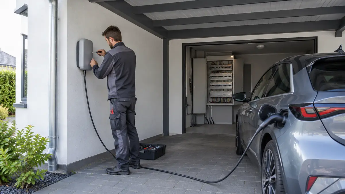 Elektriker montiert eine Wallbox an der Hauswand unter einem Carport, daneben lädt ein Elektroauto, im Hintergrund ein geöffneter Zählerschrank