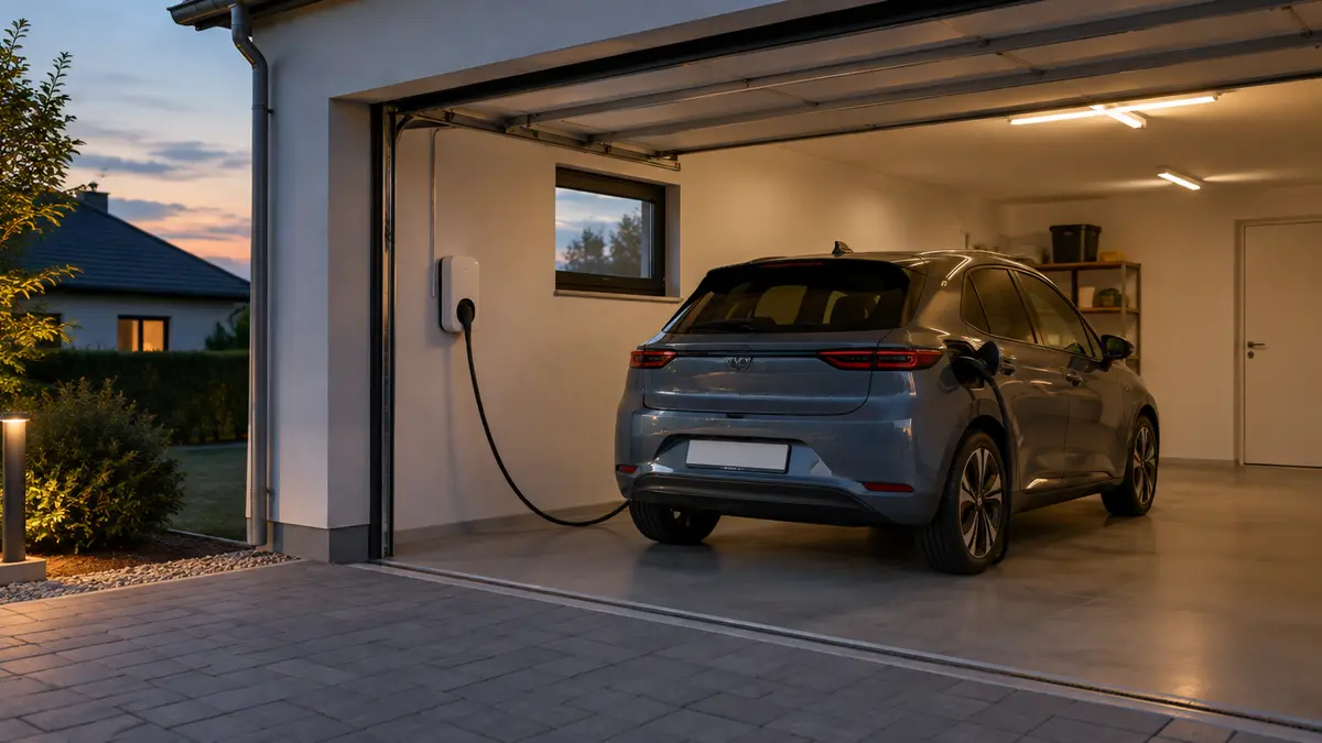 Elektroauto lädt in der Garage eines Einfamilienhauses an einer Wallbox