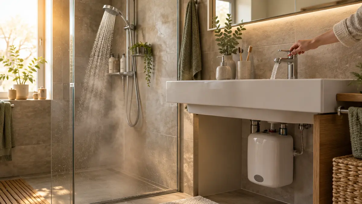 Modernes Badezimmer mit laufender Dusche, eine Hand stellt den Einhebelmischer am Waschbecken ein, darunter ein kleiner elektrischer Warmwasserbereiter