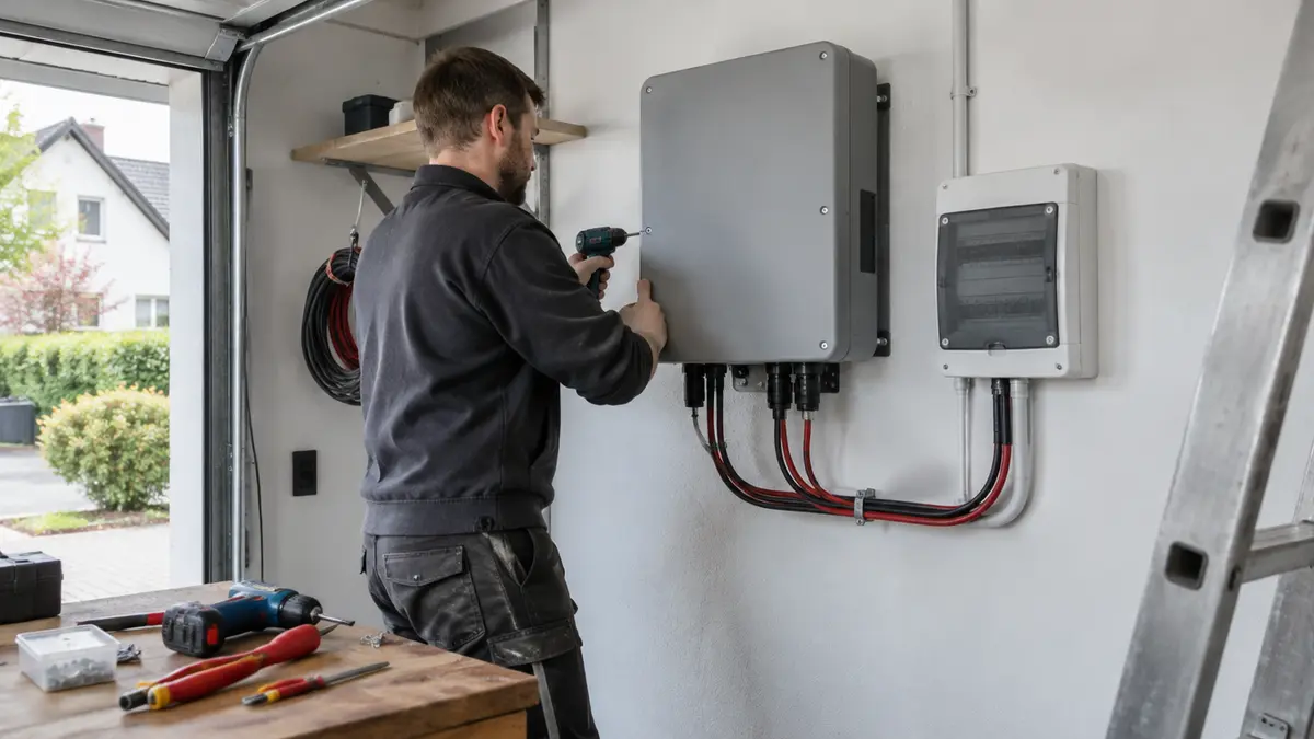 Elektriker montiert einen neuen Photovoltaik-Wechselrichter an der Garagenwand eines Einfamilienhauses, daneben ein kleiner Verteilerkasten